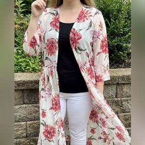 Siren Lily Sheer Kimono with Pink Floral Accents
